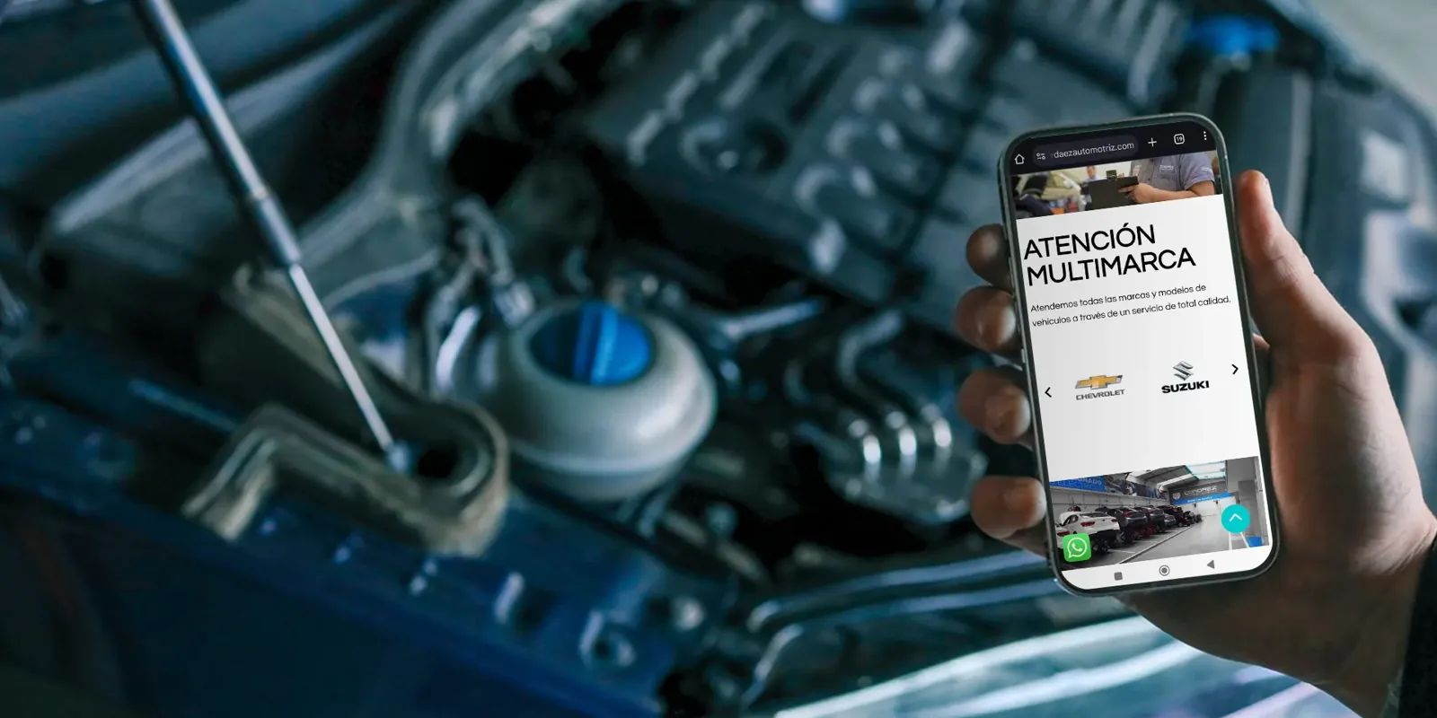 Contenido de Cordaez mostrado en un celular junto a un motor