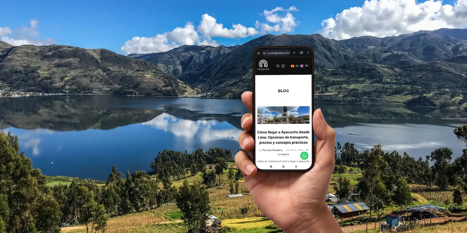 Contenido de Pacucha Glamping en un celular frente a la laguna
