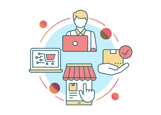 Ilustración de un comercio electrónico con catálogo, pedidos y atención al comprador
