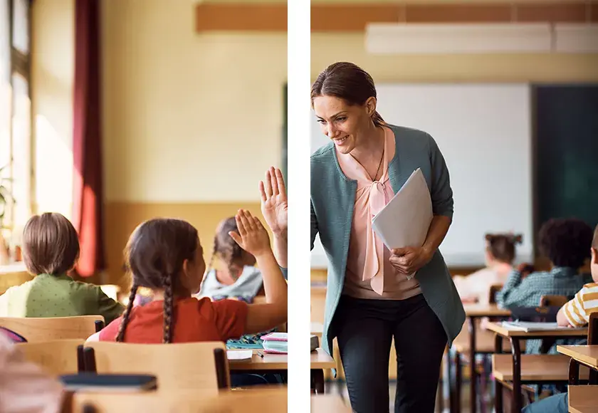 Profesora acompañando una actividad en el aula