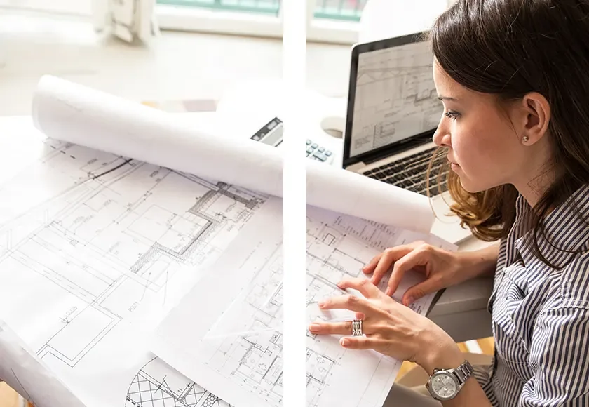 Imagen referencial de profesionales revisando planos y un proyecto arquitectónico